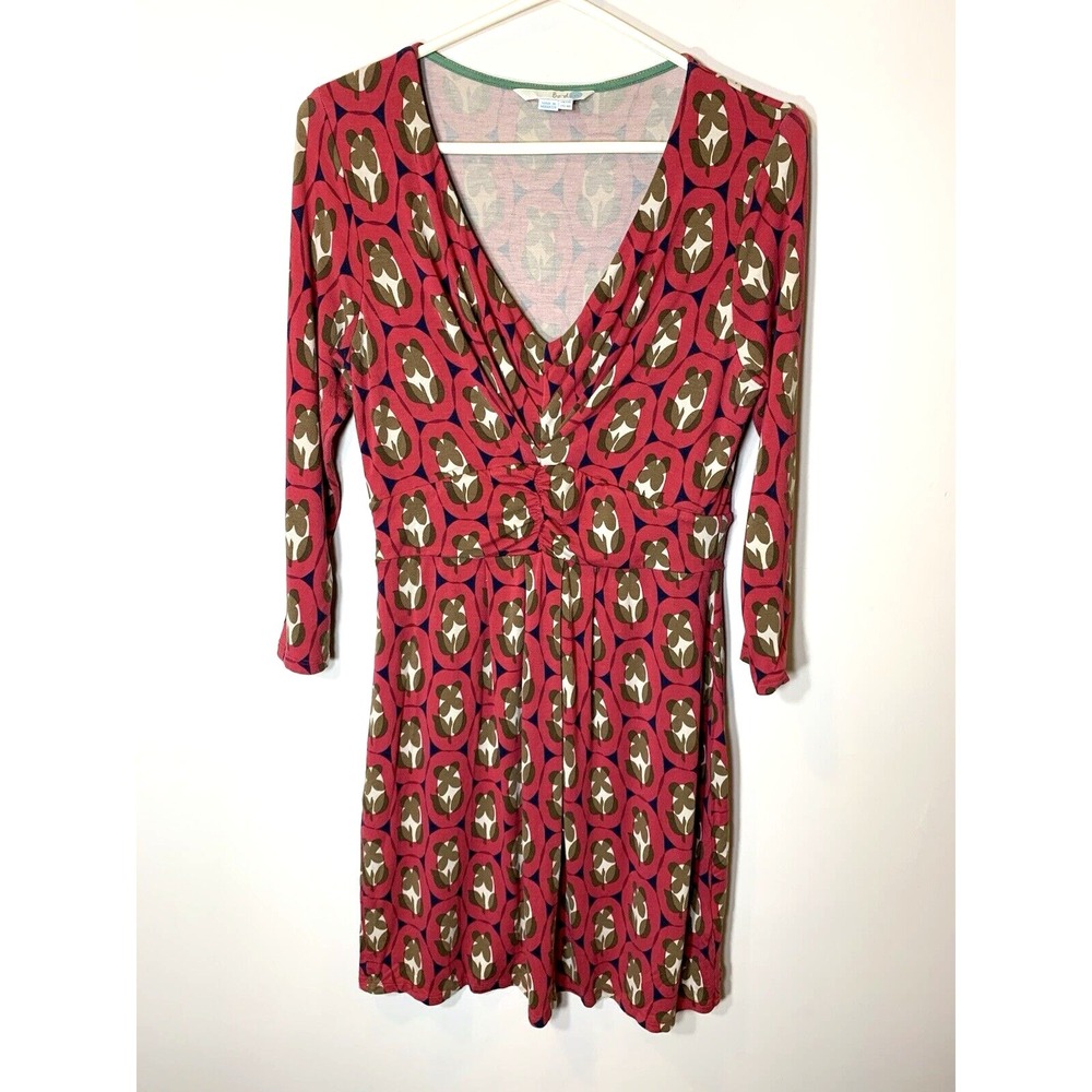Boden Dress‎ Womens 8R Red Stretch Jersey Block Print V Neck Mini 3/4 Sleeves